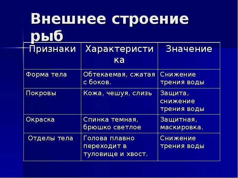 Внешнее строение рыбы таблица 7 класс признаки и особенности строения. Внешнее строение рыб характеристика. Признаки внешнего строения рыб. Таблица строение рыб.