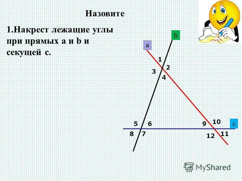 Виды углов при пересечении двух прямых третьей. Односторонние углы. Накрест лежащие углы и другие. Накрест лежащие при прямых.