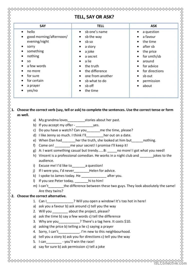 Say tell exercises. Say speak talk tell разница worksheets. say tell speak talk worksheets. say tell упражнения. задания на tell say speak talk.