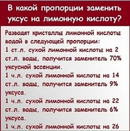 В каких пропорциях уксус. Как заменить уксус лимонной кислотой пропорции. заменить уксус лимонной кислотой пропорции. лимонная кислота вместо уксуса пропорции таблица. соотношение уксуса и лимонной кислоты для консервации таблица.