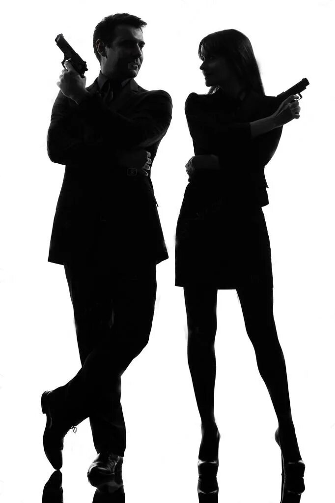 Возлюбленные бандита. Мужчина и женщина с пистолетами. Силуэты агентов мужчины и женщины. Парочка с пистолетами. Мужчина и женщина с оружием.