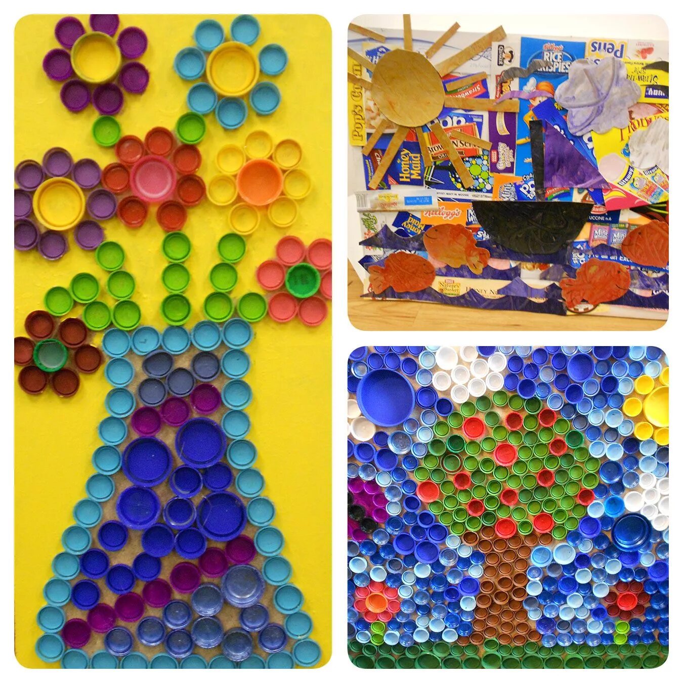 поделки из крышечек для детей. поделки из пластиковых крышек для детей. цветы из пластиковых крышек. поделки из пластиковых крышек для детей. панно из крышечек.