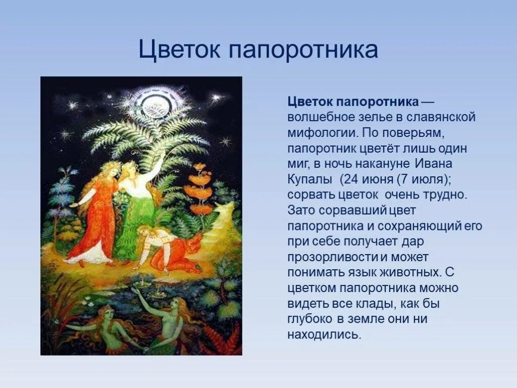 Папоротник в ночь на Ивана Купала. Цветок папоротника Легенда Славянская. Легенда о папоротнике на Ивана Купала. Цветок папоротника на Ивана Купала Легенда.