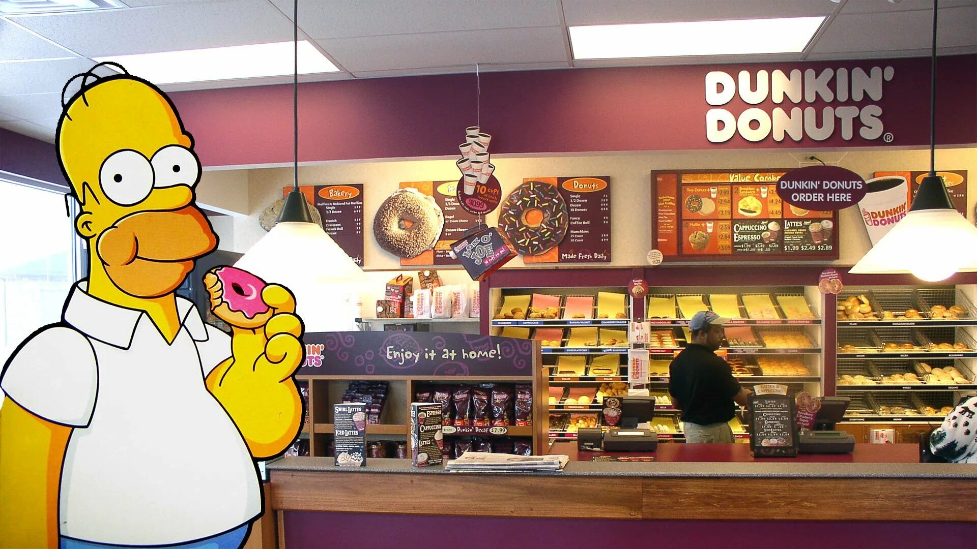 Гомер с пончиком. Гомер донатс. симпсоны dunkin donuts. пончик симпсоны. пончиковые в стиле симпсонов.