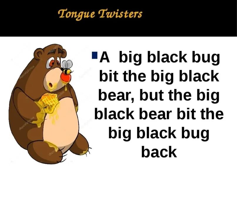 Bear транскрипция английский. Tongue Twisters a big Black Bug. Скороговорки на английском языке. English tongue Twisters. Скороговорка.