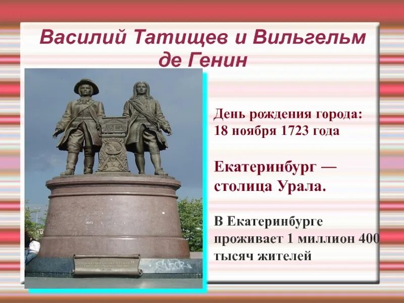 Создателем какого памятника является татищев. Екатеринбург татищев и де генин. памятник татищеву и де геннину в екатеринбурге. памятник екатеринбург генин и татищев. памятник татищеву и де геннину в екатеринбурге презентация.