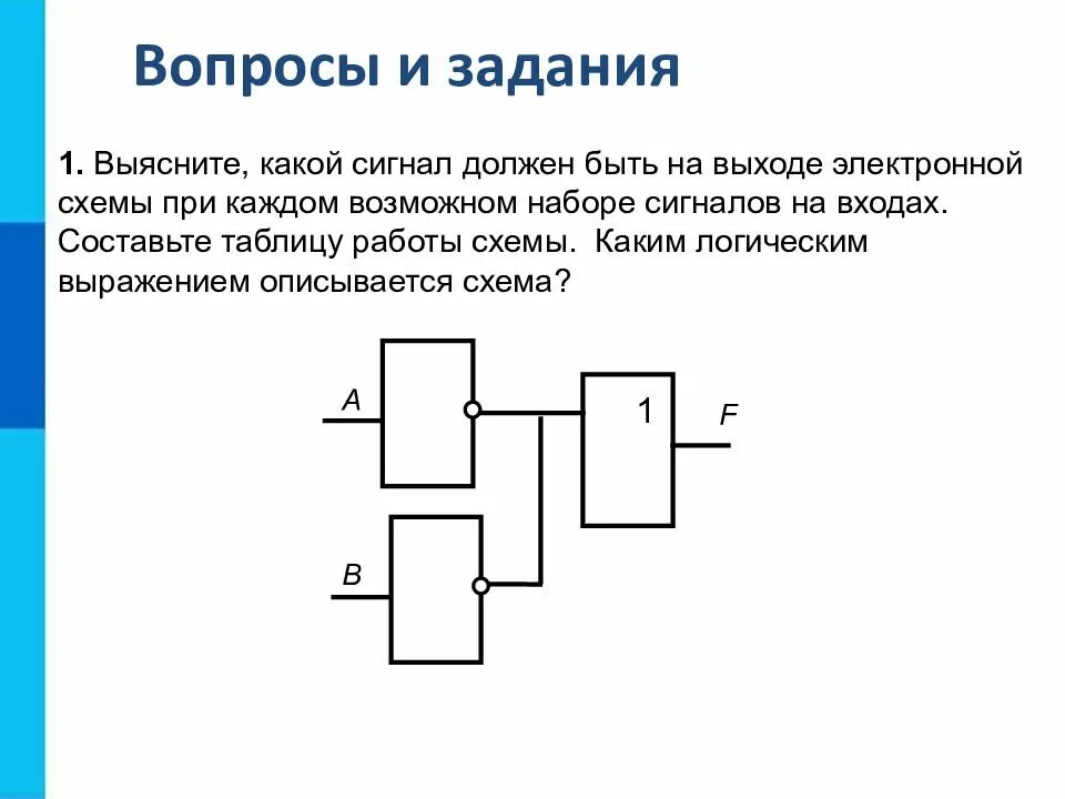 Схема работы логической схемы. Каким логическим выражением описывается схема. Логические элементы задаски. Выясните какой сигнал должен быть на выходе. Логические элементы информатика 10 класс