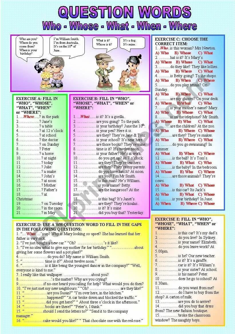 Who exercises. Who what questions exercises. wh questions exercises. question words exercises. wh questions worksheets.