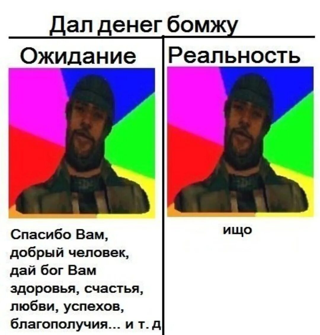 Самп мемы про бомжей. Ожидание реальность бомж. Дал денег БОМЖУ ожидание. Бомж самп Мем. Бомжам дают деньги