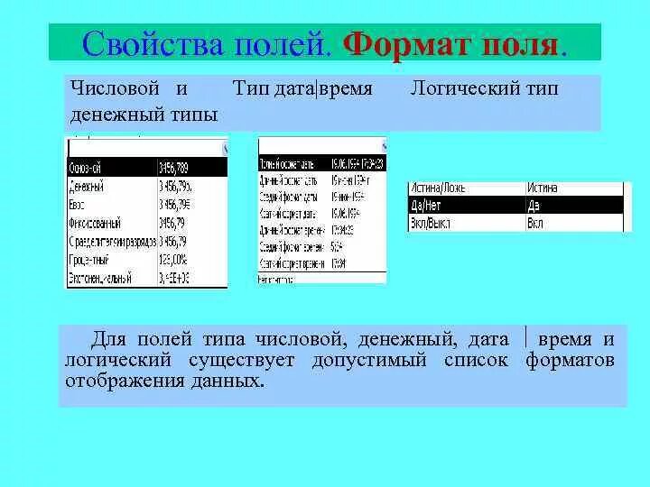 Тип поле дата время. Типы и форматы полей базы данных. числовой тип данных логический тип. числовой тип поля. числовой тип поля в базе данных.