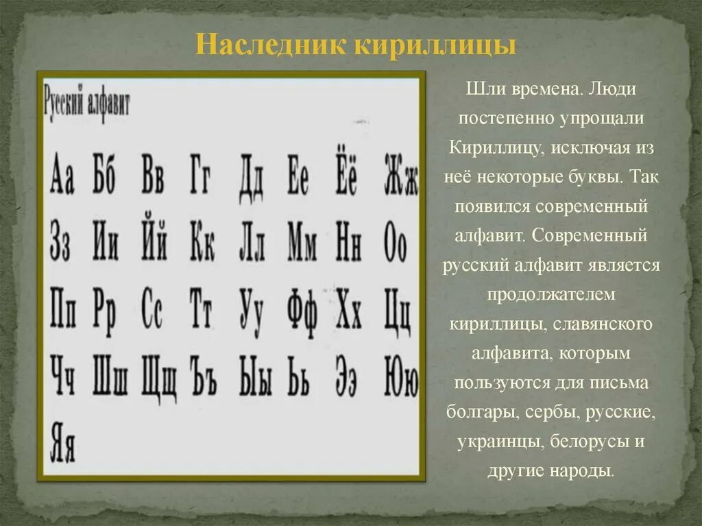 Буква в конце кириллицы 5 букв. Кириллица. Наследник кириллицы. Кириллица и современный алфавит. Кириллица письменность.