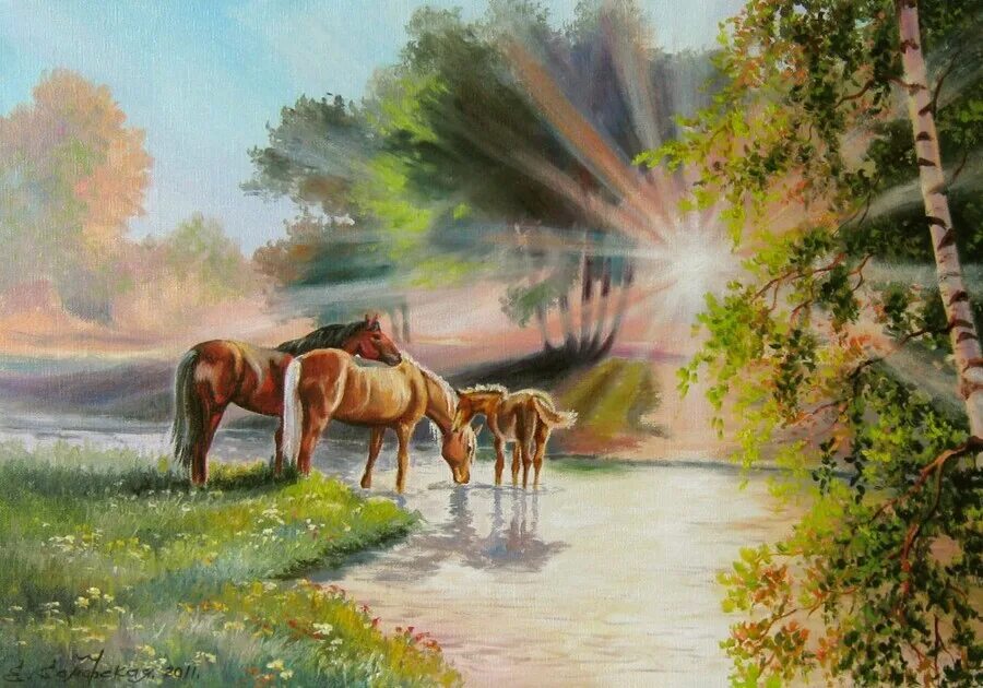 Чудесный витязь коня из реки. Пейзаж с лошадьми живопись. Картины с лошадьми на природе. Лошади на водопое. Лошади и природа маслом.