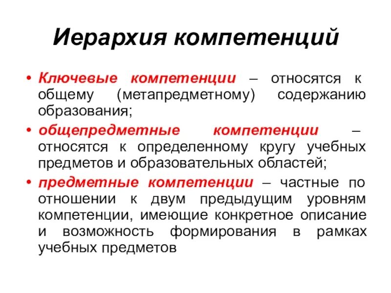 Компетенции продукта. Общепредметные компетенции по ФГОС. Ключевые общепредметные и предметные компетенции. Иерархия компетенций. Предметная компетентность.