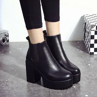 Женская обувь; ботинки на платформе; кожаные черные зимние ботинки на высок...