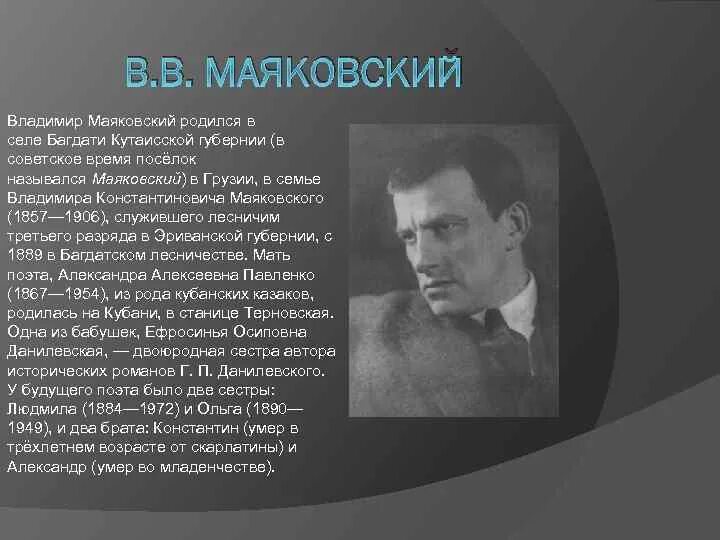 Биография маяковского кратко 9 класс. География Маяковского.