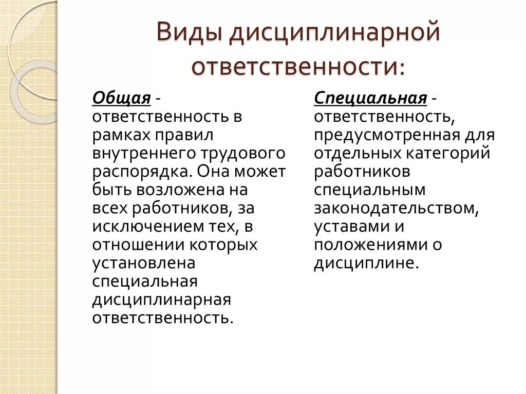 Какие обязанности есть у работника в рф. Понятие и виды дисциплинарной ответственности Трудовое право. Общая и специальная дисциплинарная ответственность таблица. Общая и дисциплинарная ответственность в трудовом праве. Виды дисциплинарных взысканий Общие и специальные.