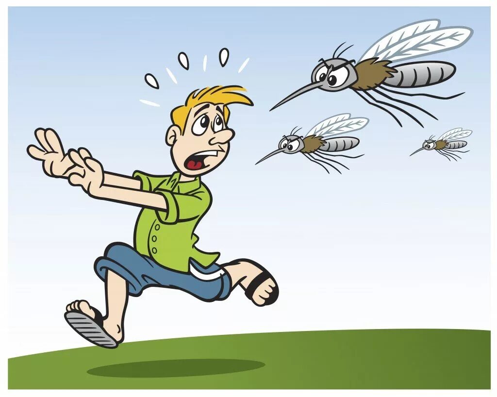 Веселый комар. Лето комары. Человек убегает от комара. Убегает от пчел.