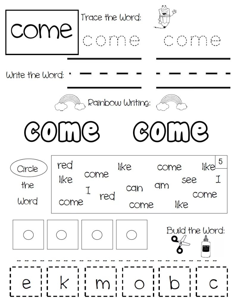 First came the word. Sight Words for Kids. Come Sight Words Worksheets. Sight Words Worksheets for Kids. Sight Word i Worksheet.