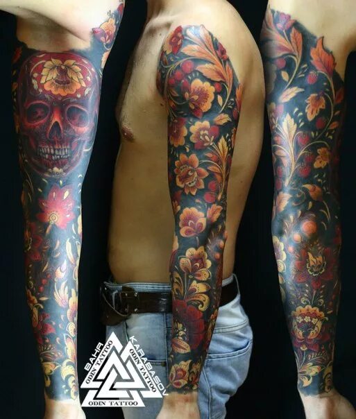 тату в стиле хохлома. рукав в стиле хохлома. русский рукав. тату хохлома. рукав в стиле хохлома.