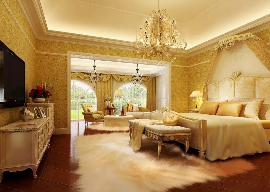 Золотистый интерьер. Роскошный интерьер. Гостиная в золотистом цвете. Комната в классическом стиле. Спальня с золотом.