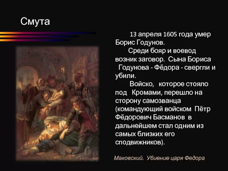В каком году умер годунов. 13 Апреля 1605 смерть царя Бориса. Басманов и Лжедмитрий.