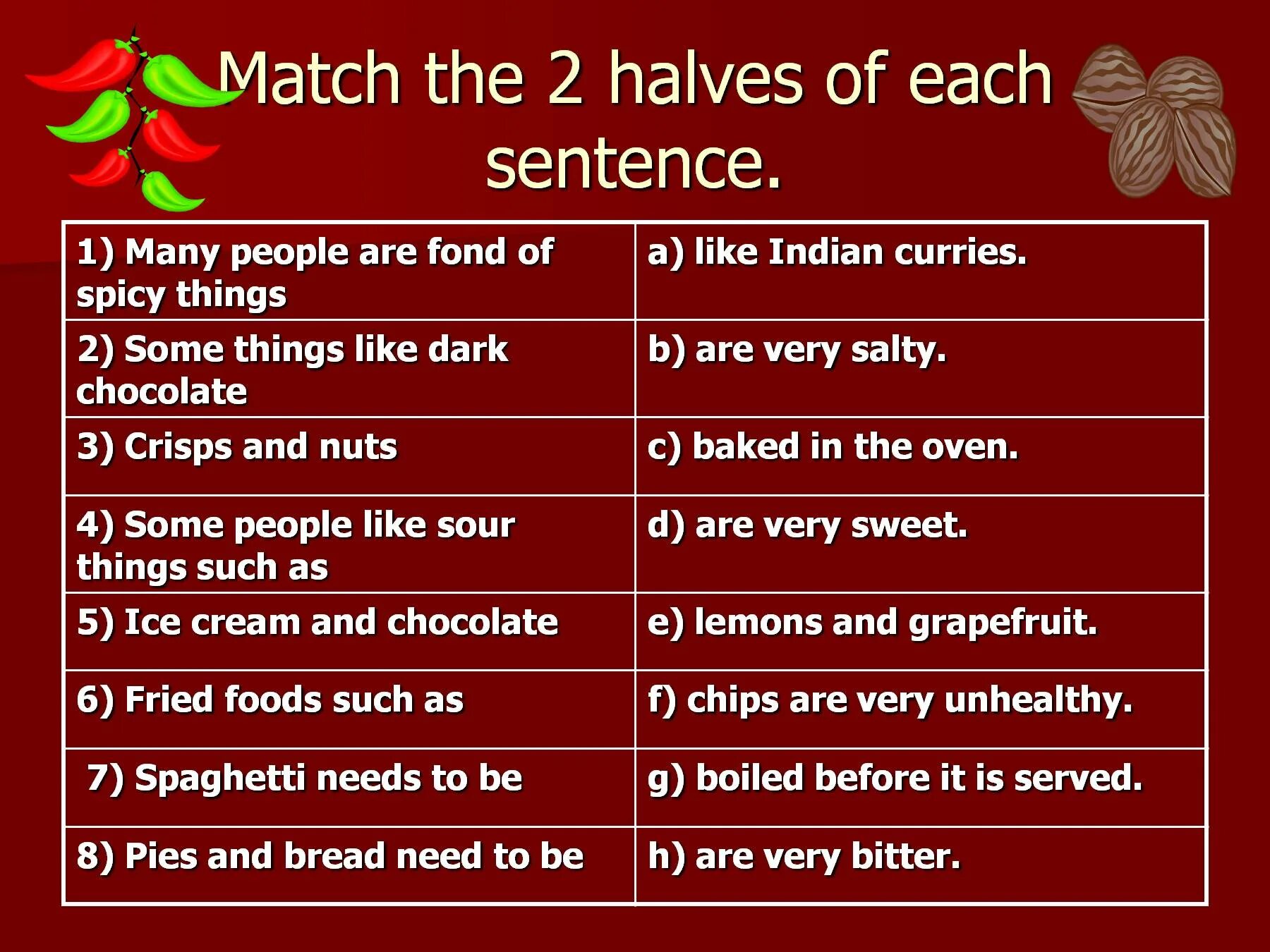 Match two halves of the sentences. Вопросы о еде на английском. Вопросы про еду на английском. Вопросы на тему еда на английском.