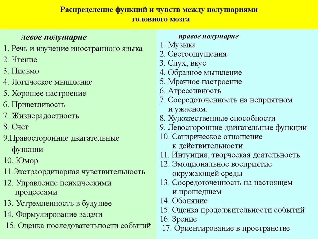 Функции левого и правого полушария головного мозга. Функции левого и правого полушария головного мозга таблица. Функции правого и левого полушария головного мозга кратко. Функции левого и правого полушария головного мозга схема. Функции правого полушария большого мозга