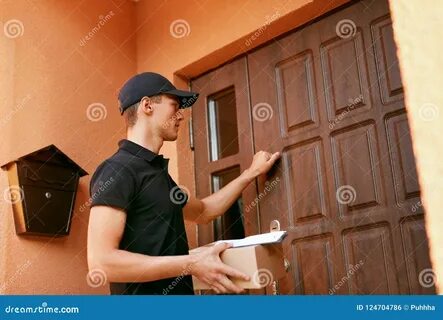 Courier with Package Near Clients Door Stock Photo - Image of resolution, p...