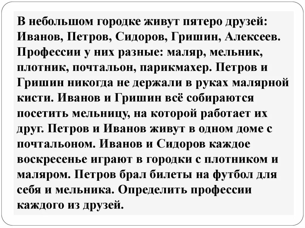 Задача в небольшом городке. В небольшом городке живут пятеро друзей иванов петров сидоров гришин. Иванов петров сидоров гришин алексеев. В небольшом городке живут пятеро. В небольшом городке живут 5 друзей иванов петров сидоров.