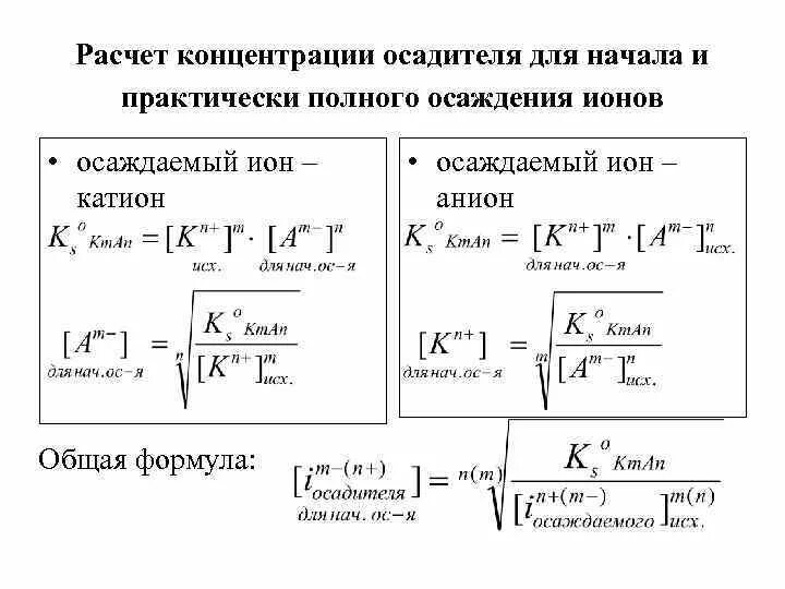 Полное осаждение ионов. Расчет концентрации. Расчет концентрации ионов. Расчет количества осадителя. Условия достижения полноты осаждения ионов.