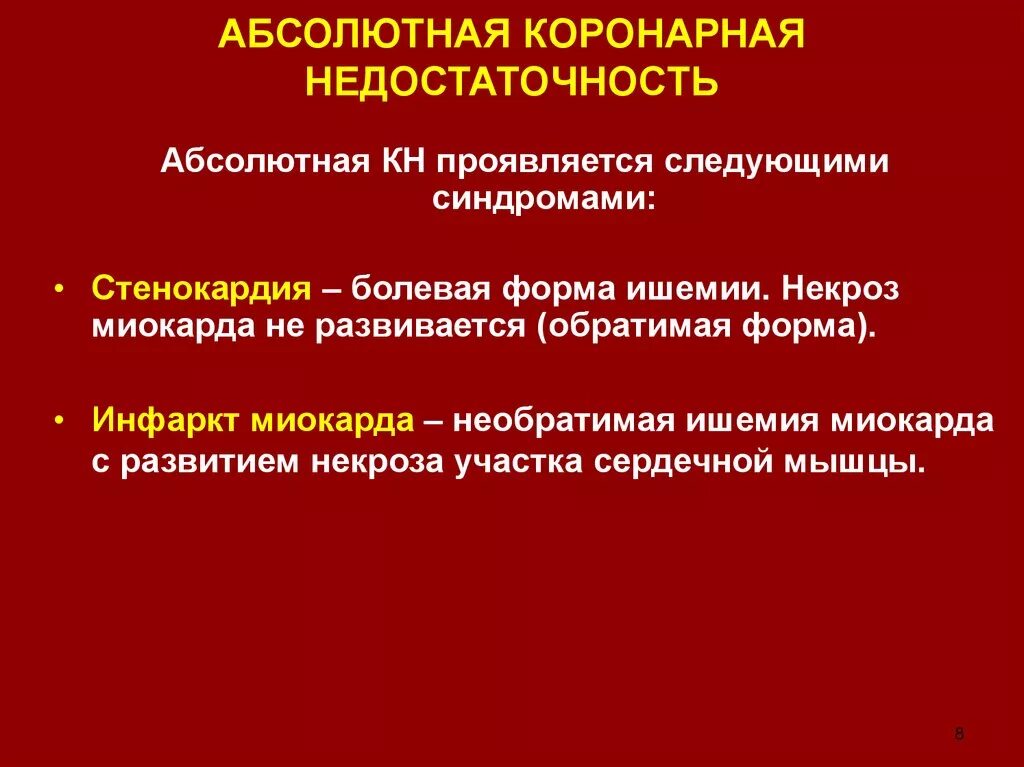 Острая сердечная коронарная недостаточность. Абсолютная коронарная недостаточность. Абсолютная и Относительная коронарная недостаточность. Причины абсолютной коронарной недостаточности. Синдром коронарной недостаточности.