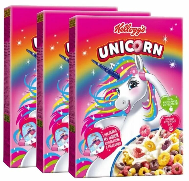 хлопья упаковка с единорогом. хлопья юникорн с единорогом. сухие завтраки kellogg's unicorn. келлогс юникорн. хлопья с единорогом.