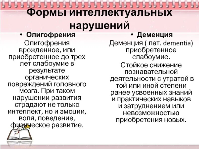 Легкое слабоумие. Формы интеллектуальных нарушений. Виды нарушения интеллекта. Сравнительные характеристики олигофрении и деменции. Виды интеллектуальных нарушений.