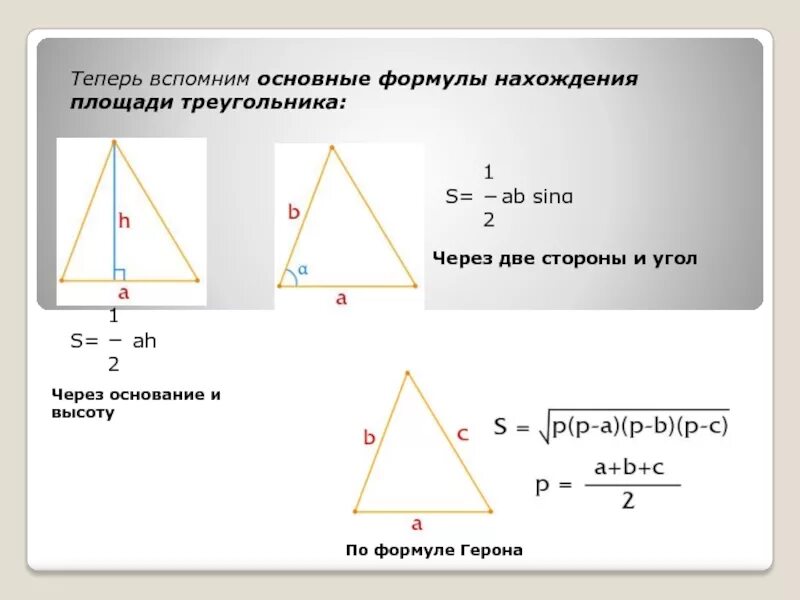 Площадь через сторону и высоту. Площадь треугольника через стороны. Как найти площадь треугольника по углу и двум сторонам. Площадь треугольника через стороны и угол. Формула площади треугольника через угол.