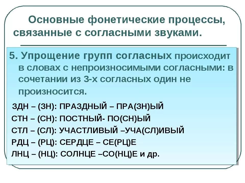 Предложение с фонетическими словами. Основные фонетические процессы. Фонетические процессы в русском языке. Упрощение групп согласных примеры. Основные фонетические процессы схема.