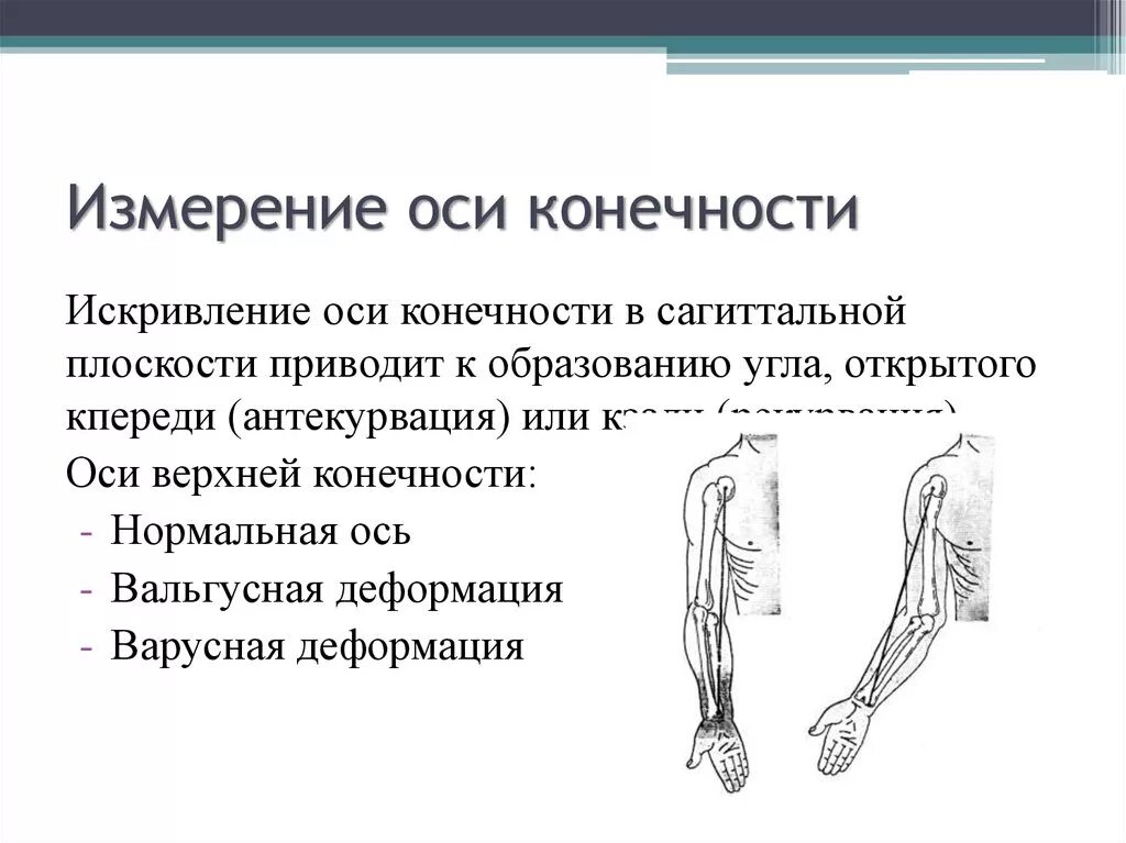 Измерение нормальной оси конечности. Измерение оси конечности травматология. Конструкционная ось верхней конечности. Варусная деформация верхней конечности.