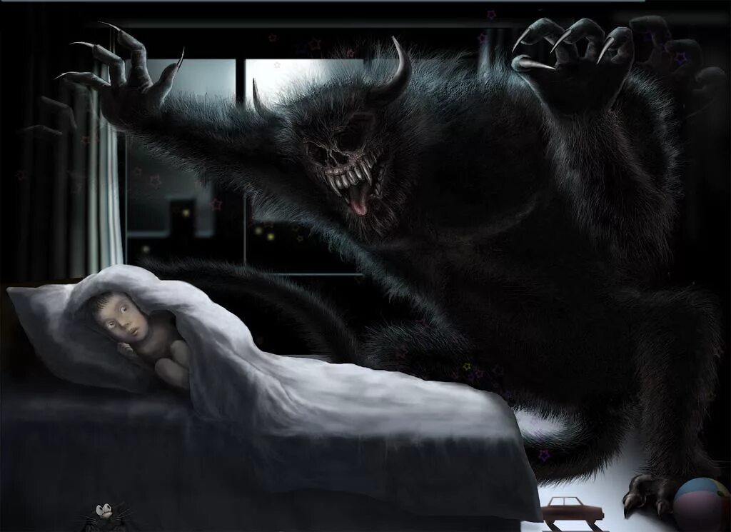 Ужас про ночь. Монстры ночью под кроватью. Страшный монстр на кровати.