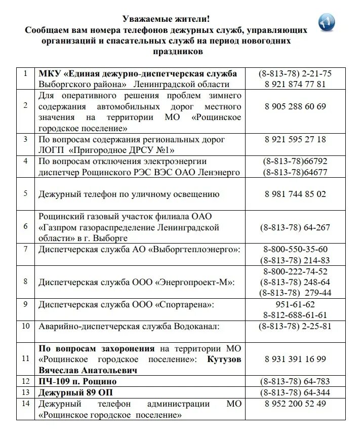 Дежурный номер телефона администрации