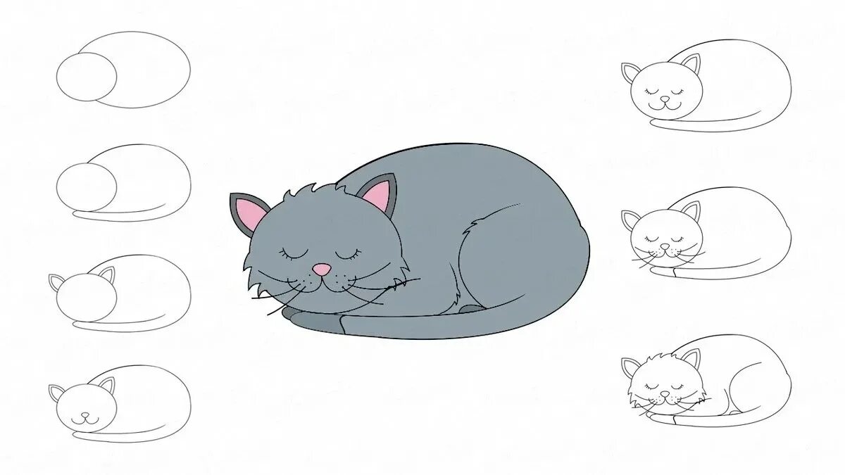 Рисовать поэтапно котиков. Спящий кот рисунок. Пошаговый рисунок кошки. Пошаговый рисунок кошки для детей. Спящий кот рисунок карандашом.