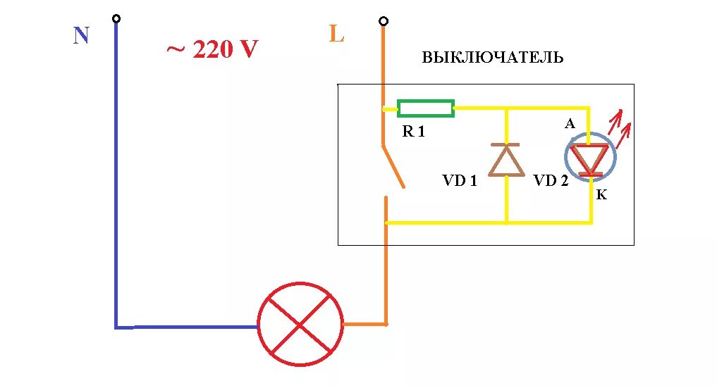 Как подключить выключатель 220. Схема подключения выключателя 220 вольт. Подключение выключателя с подсветкой 220 вольт схема. Схема включения светодиода в выключатель 220 в. Схема подключения светодиодной подсветки с выключателем.