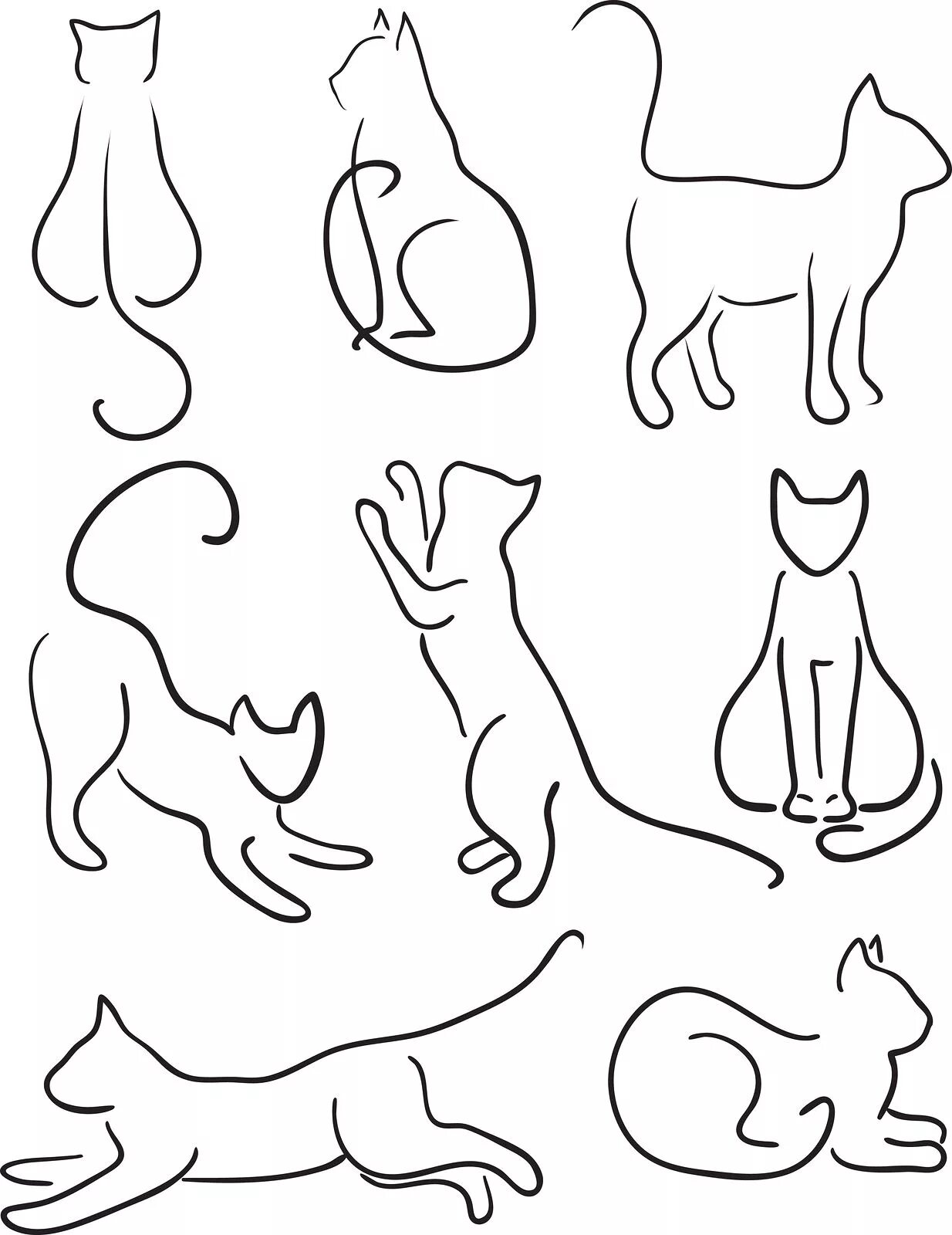 Стоящий кот рисунок. Силуэты кошек в разных позах. очертания кошки. кот одной линией. кошка одной линией контур.