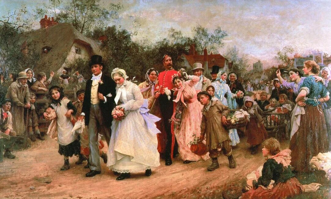 Традиции с давних времен. Джордж Элгар Хикс картины свадьба 18 в.. Самуэль люк Филдс картины. Корзухин свадебный обряд.