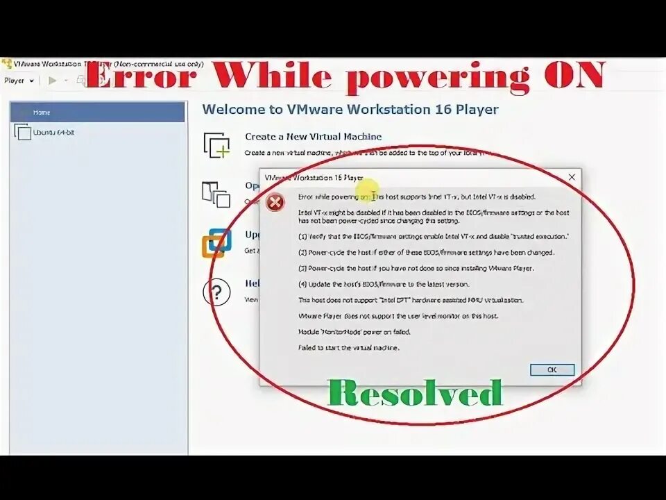 Error while powering on vmware player. Error while powering on vmware player