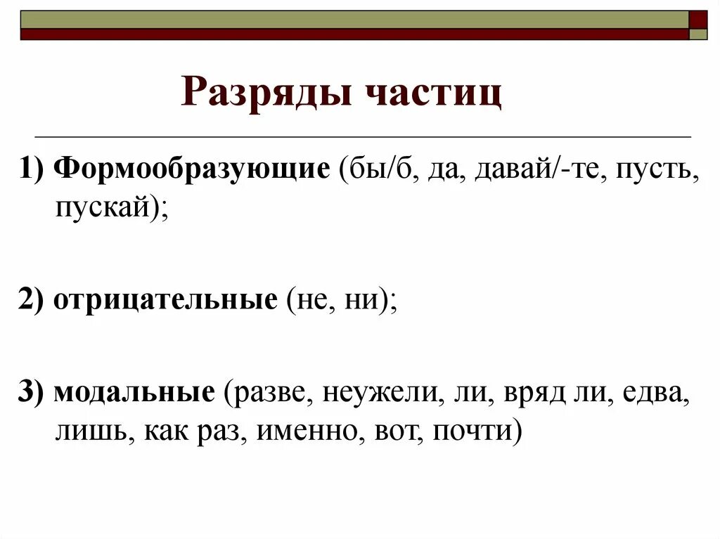 Частицы давай пусть. Разряды частиц. Разряды частиц: формообразующие и Модальные.. Модальные формообразующие отрицательные частицы. Разряды частиц отрицательные частицы.