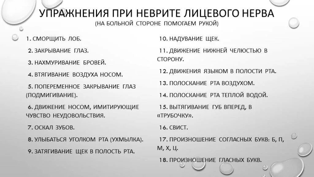 ЛФК при неврите лицевого нерва комплекс упражнений. Лечебная физическая культура при неврите лицевого нерва. Упражнения для мимической мускулатуры при неврите лицевого нерва. Схема лечебной гимнастики при неврите лицевого нерва. Упражнения при нейропатии