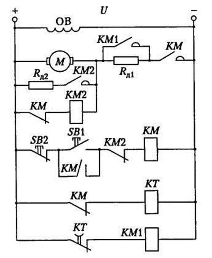 Релейно-контакторная схема управления ДПТ. Схема пуска двигателя постоянного тока в функции времени. Схема релейно-контакторного управления двигателем постоянного тока. Схема управления пуском двигателя постоянного тока.