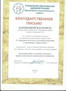 Благодарственное письмо за проведение мастер класса