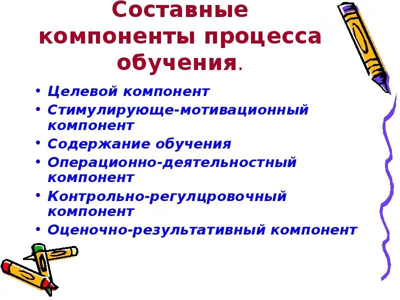 Стимулирующе-мотивационный компонент процесса обучения. Составные компоненты процесса обучения. Стимулирующе-мотивационный. Оценочно-результативный компонент процесса обучения. Компоненты мотивации обучения