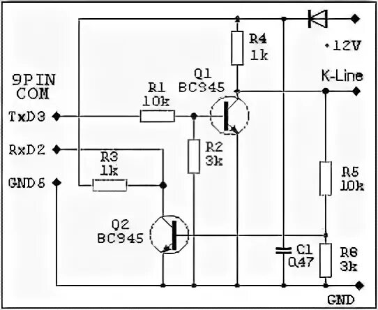 K line com. Схема k-line адаптера на 2 транзисторах. K-line адаптер на транзисторах. K-line адаптер схема. K line адаптер на 2 транзисторах своими руками.