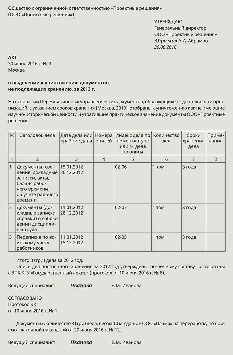 Акт о уничтожении документов и дел. Акт о уничтожении документов и дел